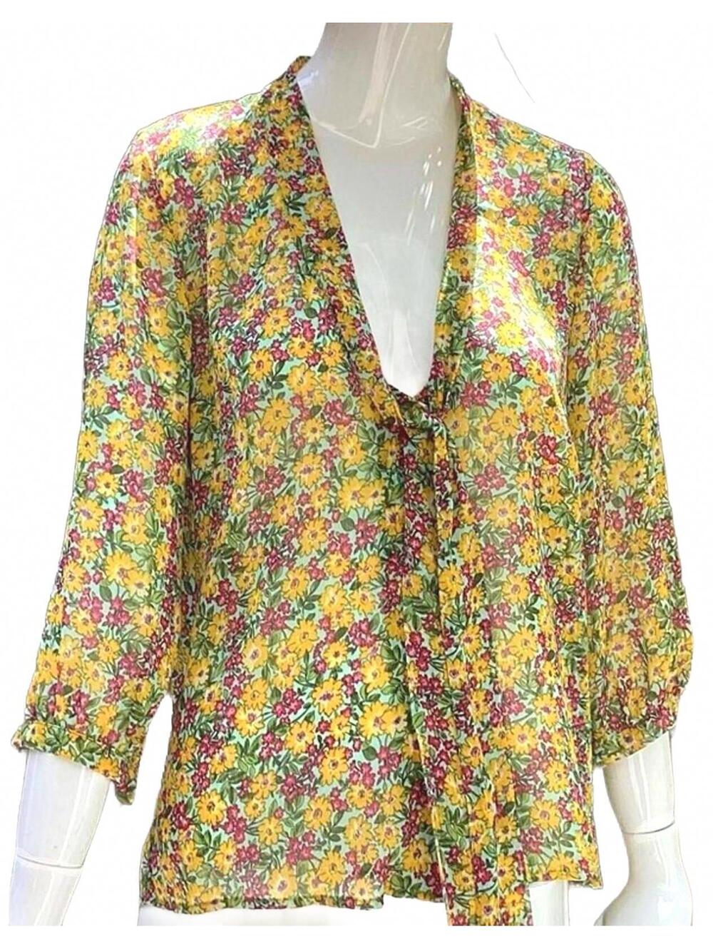 Plum Vintage Inspired Floral Peasant Blouse with Tie Neck Boho Chic Sm.